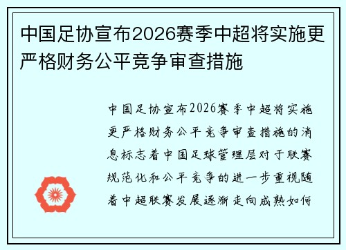 中国足协宣布2026赛季中超将实施更严格财务公平竞争审查措施