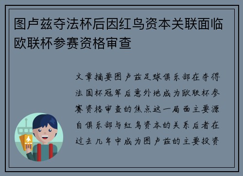 图卢兹夺法杯后因红鸟资本关联面临欧联杯参赛资格审查