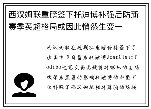西汉姆联重磅签下托迪博补强后防新赛季英超格局或因此悄然生变一 西汉姆联重磅签下托迪博补强后防新赛季英超格局或因此悄然生变一