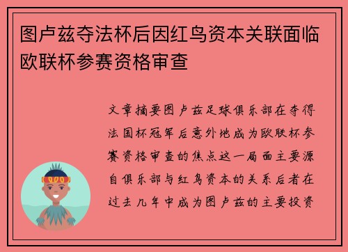 图卢兹夺法杯后因红鸟资本关联面临欧联杯参赛资格审查